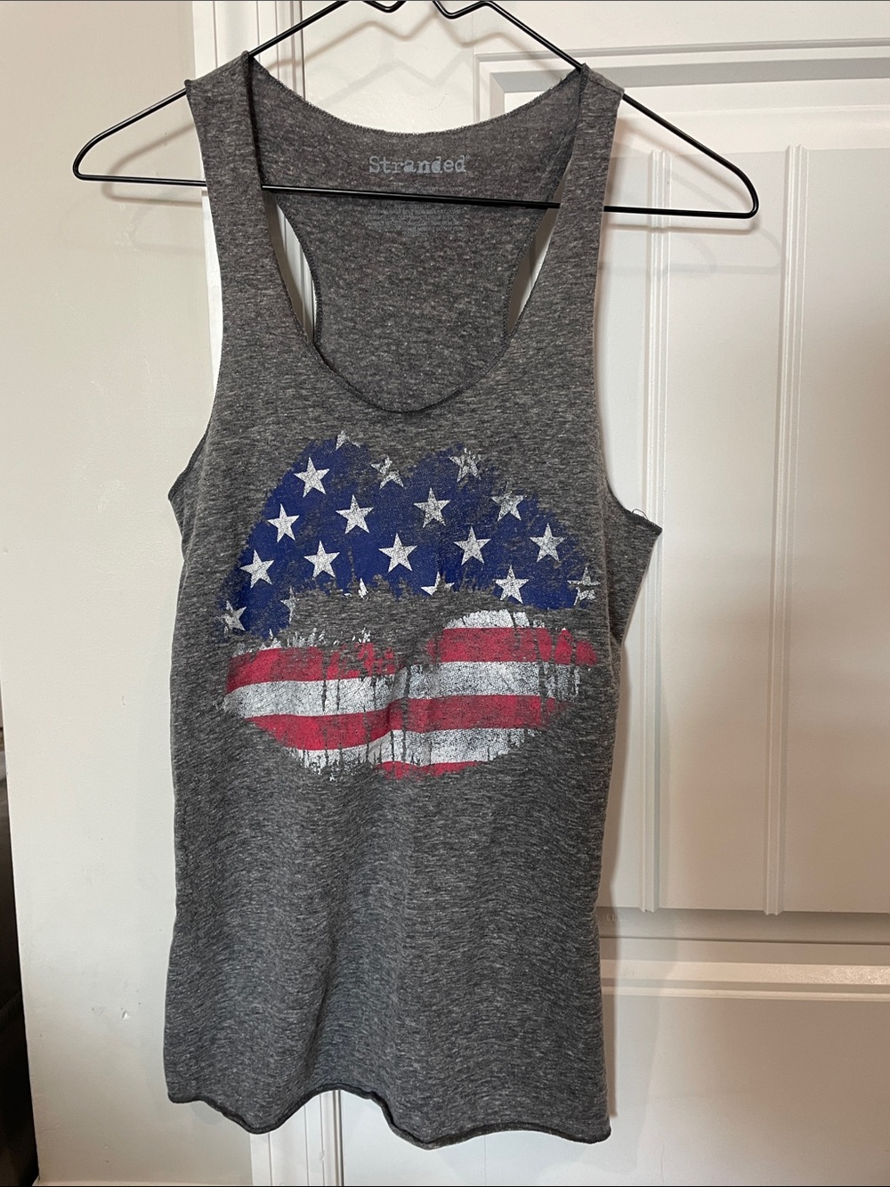 Stranded Charcoal Gray Racerback Tank with American Flag Lip Graphic